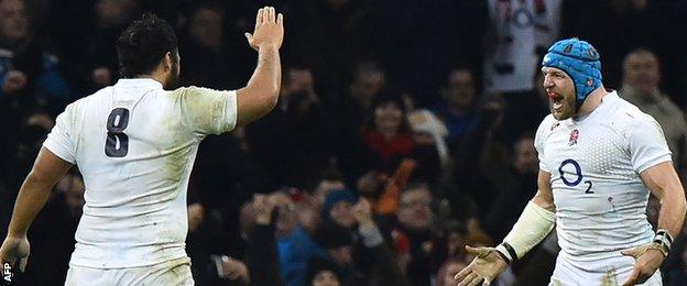 Billy Vunipola and James Haskell celebrate England's win over Wales