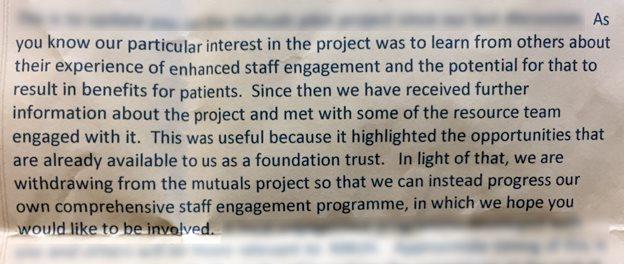 Extract from leak email detailing NNUH decision to pull out of the mutuals project