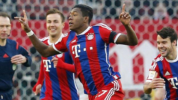 David Alaba scores a free-kick for Bayern Munich's second goal against Stuttgart