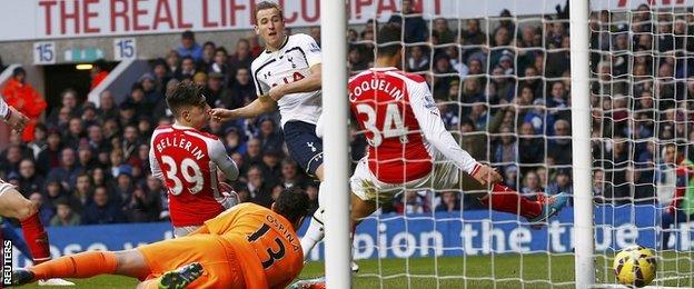 Harry Kane scores his first goal against Arsenal