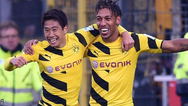 Shinji Kagawa and Pierre-Emerick Aubameyang celebrate for Borussia Dortmund