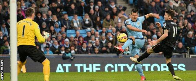 Man City striker Sergio Aguero struck the woodwork with a late shot against Hull