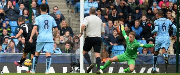 Hull midfielder David Meyler puts his side in front at Manchester City