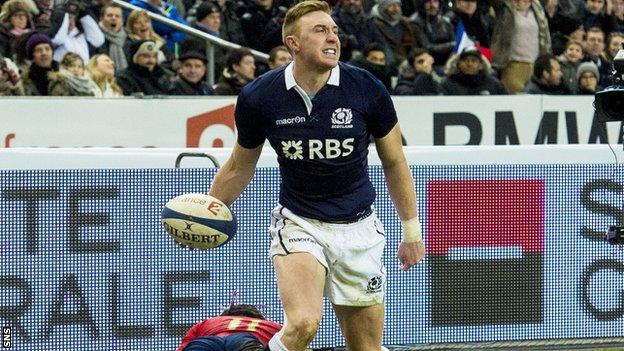 Dougie Fife celebrates his try