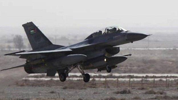 A Royal Jordanian Air Force plane takes off from an air base to strike the Islamic state in the Syrian city of Raqqa - 5 February 2015