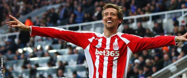 Stoke striker Peter Crouch celebrates scoring his side's equaliser at Newcastle