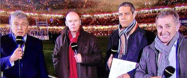 John Inverdale, Sir Clive Woodward, Jeremy Guscott and Jonathan Davies in Cardiff in 2013