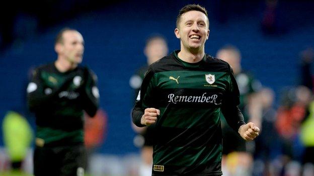 Raith Rovers goalscorer Ryan Conroy celebrates at full-time.