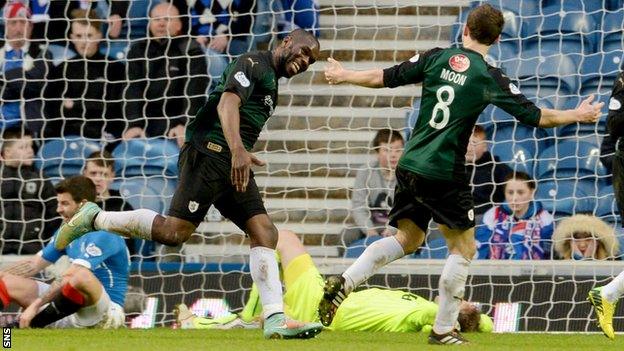 Christian Nade (left) celebrates after putting Raith Rovers 2-1 ahead against Rangers.