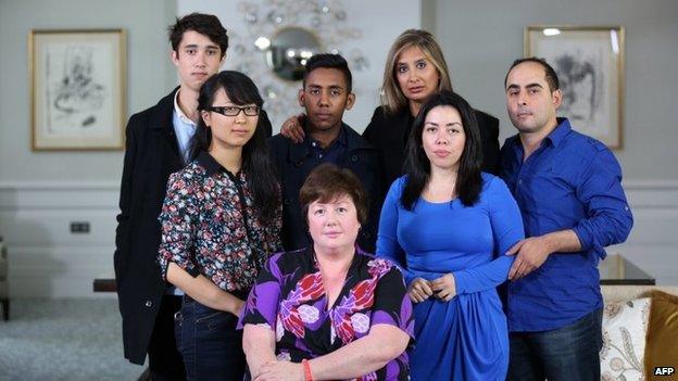 A portrait of Sydney siege survivors who shared their stories with the Australian commercial broadcaster Channel Nine (left to right) Jarrod Morton-Hoffman, Fiona Ma, Joel Herat, Louisa Hope, Selina Win Pe, Harriette Denny and Paolo Vassallo