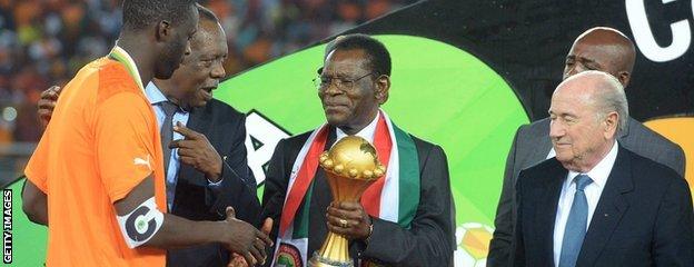 Ivory Coast skipper Yaya Toure receives the Africa Cup of Nations trophy