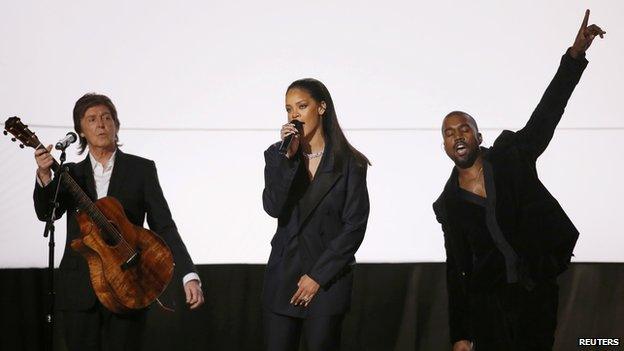 Sir Paul McCartney, Rihanna and Kanye West perform at the Grammys