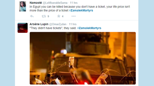 Twitter users express their anger at the police justification that the fans tried to enter without tickets 8 February 2015