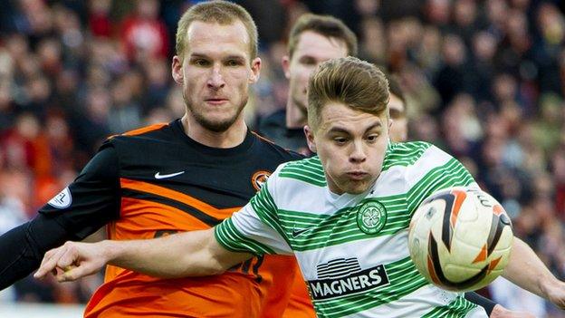 Dundee United's Jaroslaw Fojut and Celtic's James Forrest