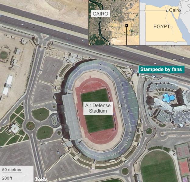 Satellite map showing location of Air Defense Stadium in Cairo and site of stampede on 8 February 2014