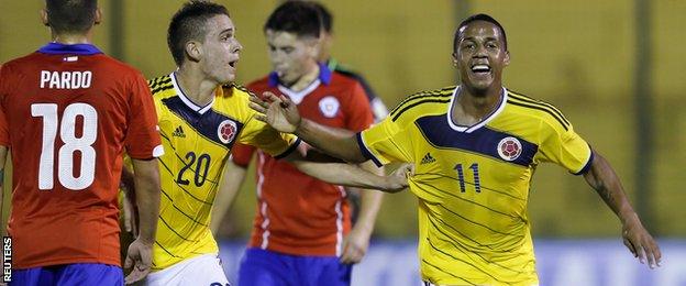 Colombia's Jeison Steven Lucumi celebrates scoring a goal against Chile at the South American under-20 championship in Maldonado