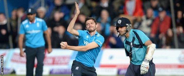 England's Harry Gurney bowls during the one-day international against Scotland in May in Aberdeen