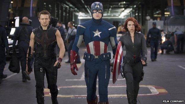 Hawkeye (Jeremy Renner), Captain America (Chris Evans) and Black Widow (Scarlett Johansson) in The Avengers
