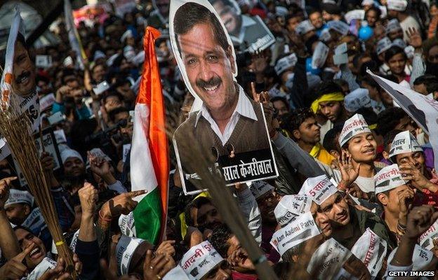 Aam Aadmi Party (AAP) supporters yell as they watch the results of Delhi Assembly Elections outside the party office at Patel Nagar on February 10, 2015 in Delhi, India.