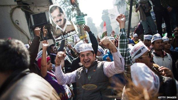 Aam Aadmi Party (AAP) supporters yell as they watch the results of Delhi Assembly Elections outside the party office at Patel Nagar on February 10, 2015 in Delhi, India.