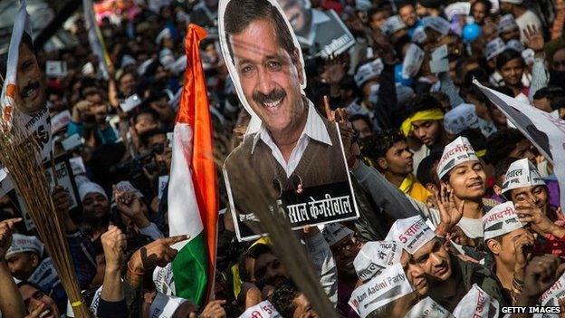 Aam Aadmi Party (AAP) supporters yell as they watch the results of Delhi Assembly Elections outside the party office at Patel Nagar on February 10, 2015 in Delhi, India.