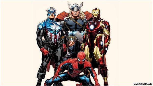 Spider-Man with Captain America, Thor and Iron Man