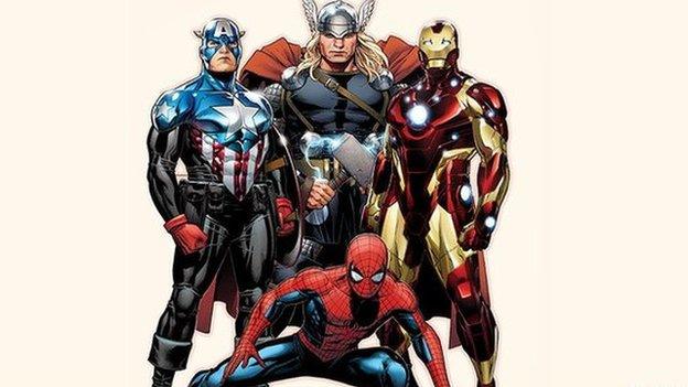 Spider-Man with Captain America, Thor and Iron Man