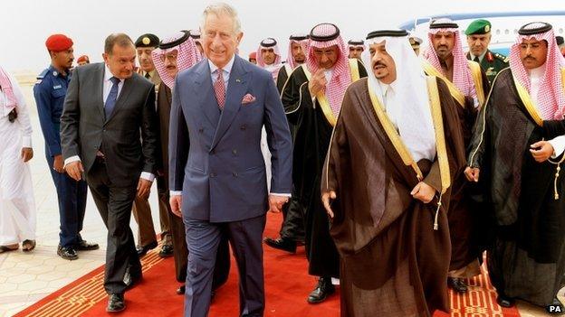 The Prince of Wales walks along with the Governor of Riyadh Faisal bin Bandar Al Saud, after arriving in Saudi Arabia on the fourth day of his tour to the Middle East