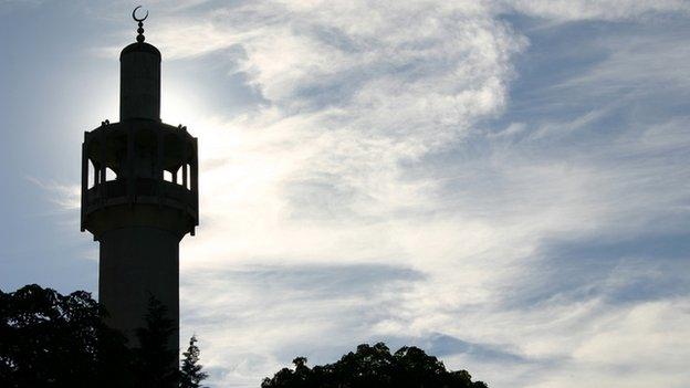 The minaret of the London Central Mosque, near Regents Park, London