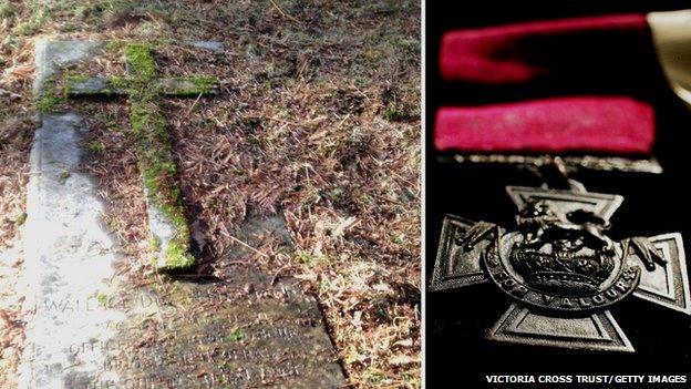 Images showing the grave of Wallace Wright VC and a Victoria Cross