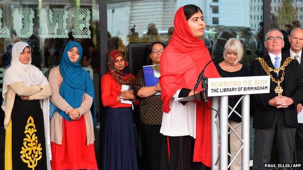 Malala Yousafzai at the library opening in Birmingham