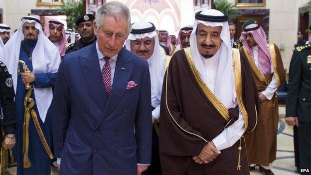 Prince Charles with Saudi King Salman bin Abdulaziz al-Saud in Riyadh, Saudi Arabia