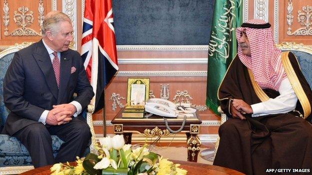 Prince Charles with Saudi Arabia's deputy prime minister Prince Muqrin bin Abdulaziz al-Saud