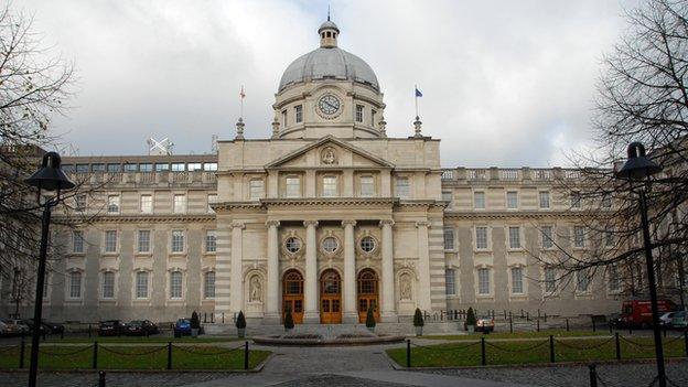 The main entrance of Leinster House, home of the Irish parliament