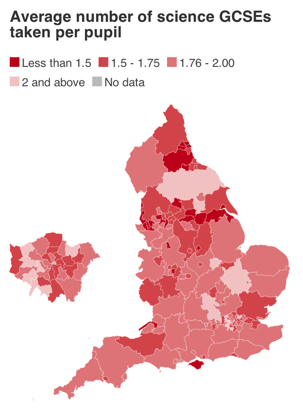 Map of science GCSEs per pupil