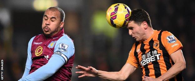 Alex Bruce heads the ball while Gabriel Agbonlahor jumps