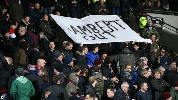 Aston Villa fans hold up a banner calling for Paul Lambert to be sacked