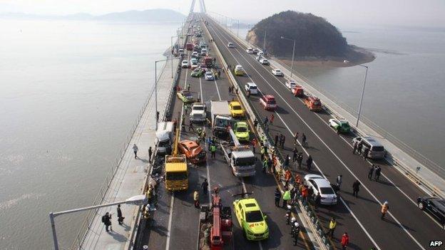 This general view shows a multiple collision that occurred in heavy fog on the Seoul-bound lane (L) of a bridge forming part of the main expressway linking Incheon airport, west of Seoul, on February 11, 2015.