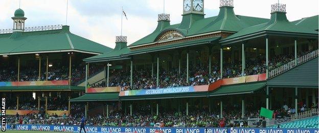 Fans in the Sydney Cricket Ground pavilion