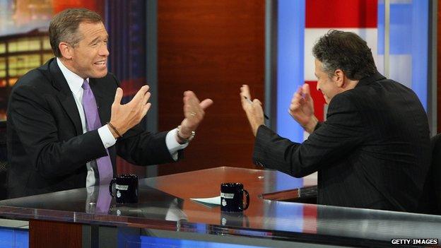 NBC News anchor Brian Williams (left) is interviewed by Daily Show host Jon Stewart in 2008