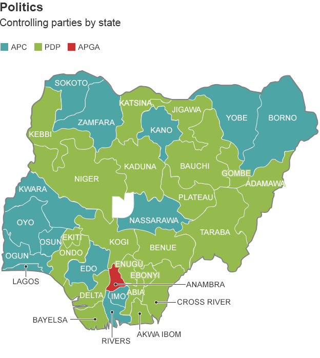 Map showing the political controlling parties by state in Nigeria