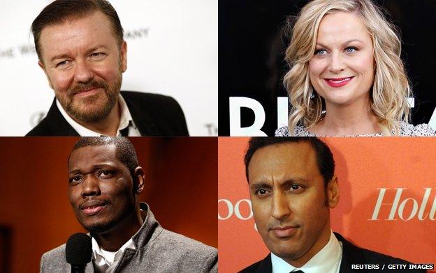 Ricky Gervais, Amy Poehler, Aasif Mandvi and Michael Che