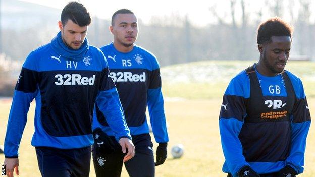 Haris Vuckic, Remie Streete and Gael Bigirimana at Rangers training