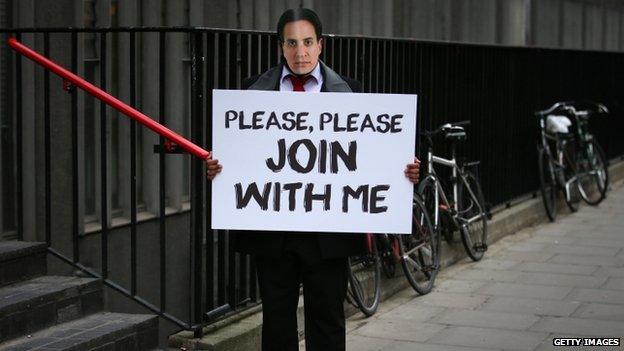 Tory protestor in Ed Miliband mask