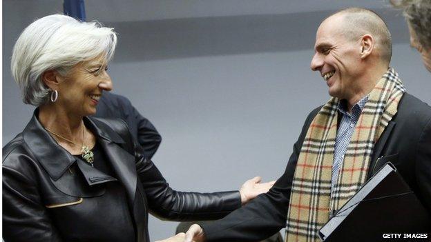 IMF's Christine Lagarde and Greek Finance Minister Yanis Varoufakis