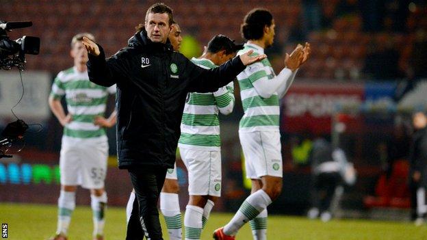 Ronny Deila led the celebrations after Celtic defeated Partick Thistle 3-0.