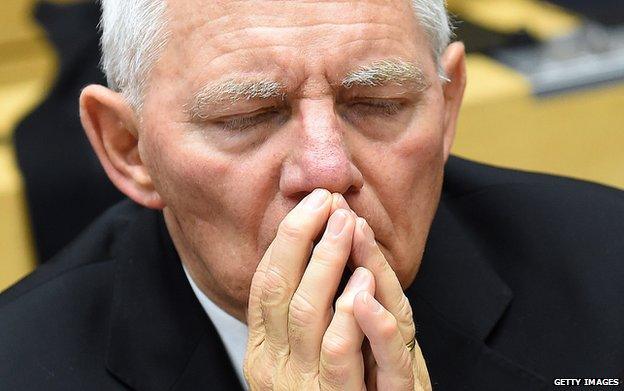 German Finance Minister Wolfgang Schaeuble attends an emergency Eurogroup finance ministers meeting at the European Council in Brussels on February 11, 2015.