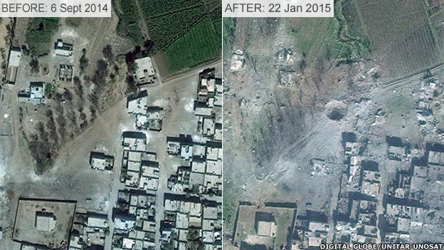 Before and after images of damage to border town Kobane, showing crater