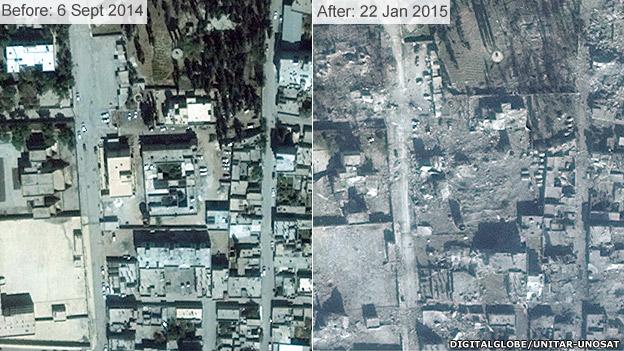 Before and after images of damage to border town Kobane, showing destroyed buildings