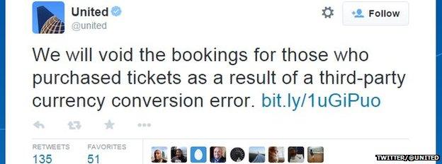 Tweet from United Airlines confirming it will not honour tickets, 12 February